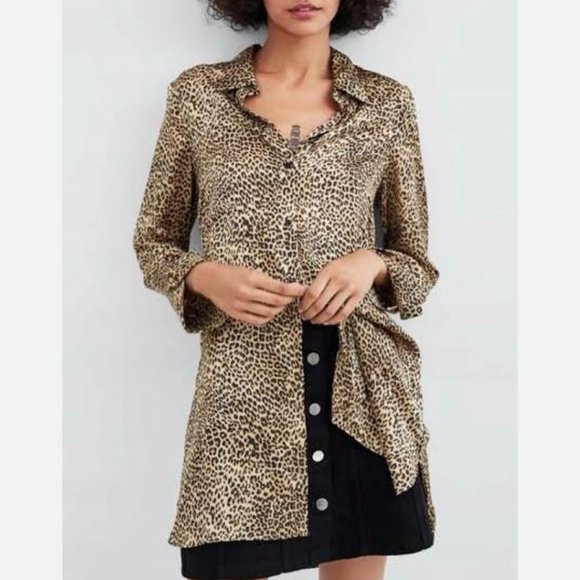 Zara Leopard Print Satin TRF Shirt/Shirt Dress - Size L (Regular) - Picture 2 of 5